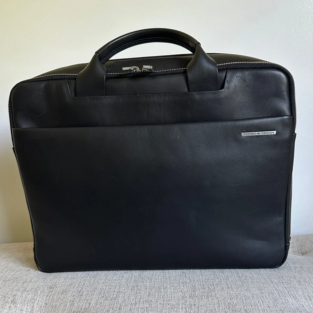 Porsche Design Black Leather Briefcase Bag Document Case Multiple Compartments